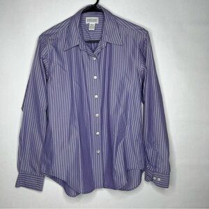 Lands’ End No Iron Shirt Womens Size 12 Blue Striped Button Down‎ Long Sleeve